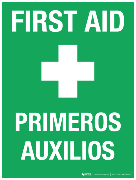 First Aid (Bilingual- with White Cross) – Wall Sign